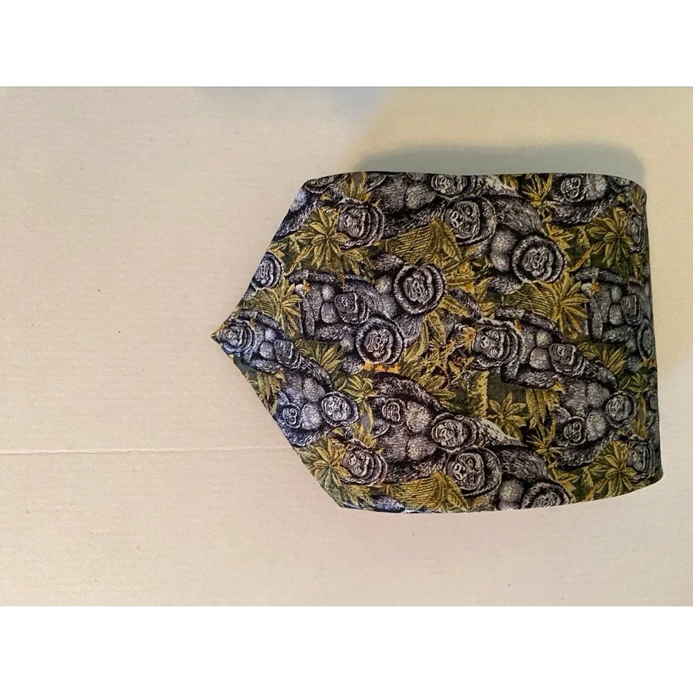 Endangered Species Mens Silk Tie Gorilla Jungle Animal Print Grey Green USA Made